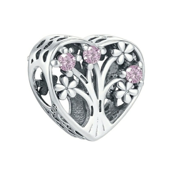Family Tree Heart Bracelet Charm Pink 925 Sterling Silver Tree of Life Mom Gift - Picture 1 of 4